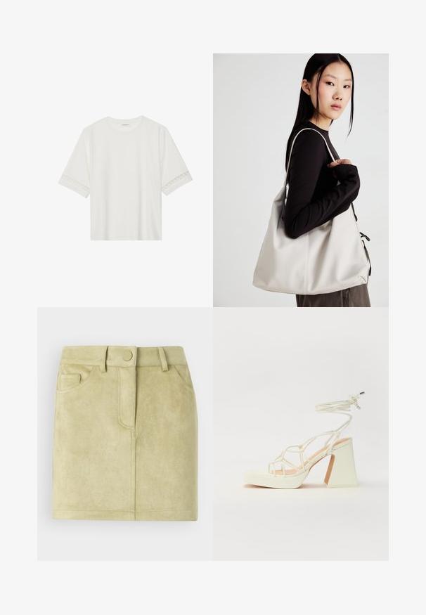 Camiseta blanca de manga corta hecha de algodón, con un ribete decorativo de encaje en las mangas y un escote redondo.; Mini falda de ante en verde claro. Cuenta con una cintura ajustada, dos bolsillos frontales y un cierre delantero con un botón redondo. Textura suave.; Sandalia de tacón alto blanca con un tacón grueso, que presenta un diseño de tiras y un lazo en el tobillo. Textura suave con una plataforma en la parte delantera para mayor altura.; Bolso de mano beige hecho de material suave, con un diseño holgado, detalles cosidos y dos asas. Adecuado para uso diario.