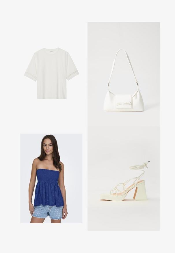 Balta trumpomis rankovėmis marškinėliai, pagaminti iš medvilnės, su dekoratyviais nėriniais aplink rankoves ir apvaliu kaklu.; Mėlyna bepečių viršūnė, pagaminta iš nėrinių, su susiraukšlėjusiu juosmeniu ir tekstūriniu gėlių raštu. Pora su dėvėtais džinsiniais šortais.; Balti aukštakulniai sandalai su masyviu kulnu, su dirželių dizainu ir kulkšnies raiščiu. Lygi tekstūra su platforma priekyje, suteikianti papildomą aukštį.; Balta sintetinė rankinė trikampio formos, plokščiu priekiu su užsegimu, kaspino detale, reguliuojama dirželiu, lygia tekstūra ir minimalistišku dizainu.