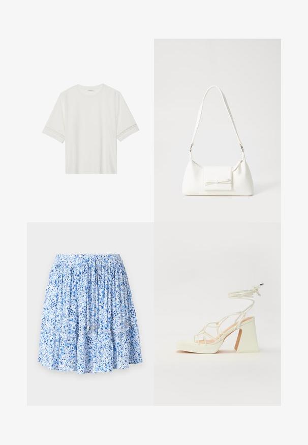 White short-sleeve t-shirt made from cotton, featuring decorative lace trim along the sleeves and a round neckline.; Light blue skirt featuring a floral and paisley print, gathered elastic waistband, tiered ruffles, and drawstring accents with metallic ends.; White high-heeled sandal with a chunky heel, featuring a strappy design and ankle tie. Smooth texture with a platform front for added height.; White synthetic handbag with a triangular shape, flat front flap and bow detail, adjustable strap, smooth texture, and minimalistic design.