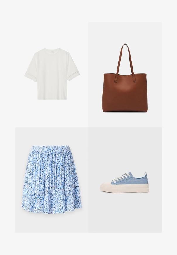 Camiseta blanca de manga corta hecha de algodón, con un ribete decorativo de encaje en las mangas y un escote redondo.; Falda azul claro con estampado floral y de cachemira, cinturilla elástica fruncida, volantes en capas y detalles con cordones con extremos metálicos.; Zapatillas de lona azul claro con una puntera y suela de goma crema, que cuentan con cordones blancos y una lengüeta en el talón.; Bolso tote de cuero marrón con una textura suave, diseño de apertura superior y dos correas para el hombro. Presenta una costura mínima y sin herrajes visibles.