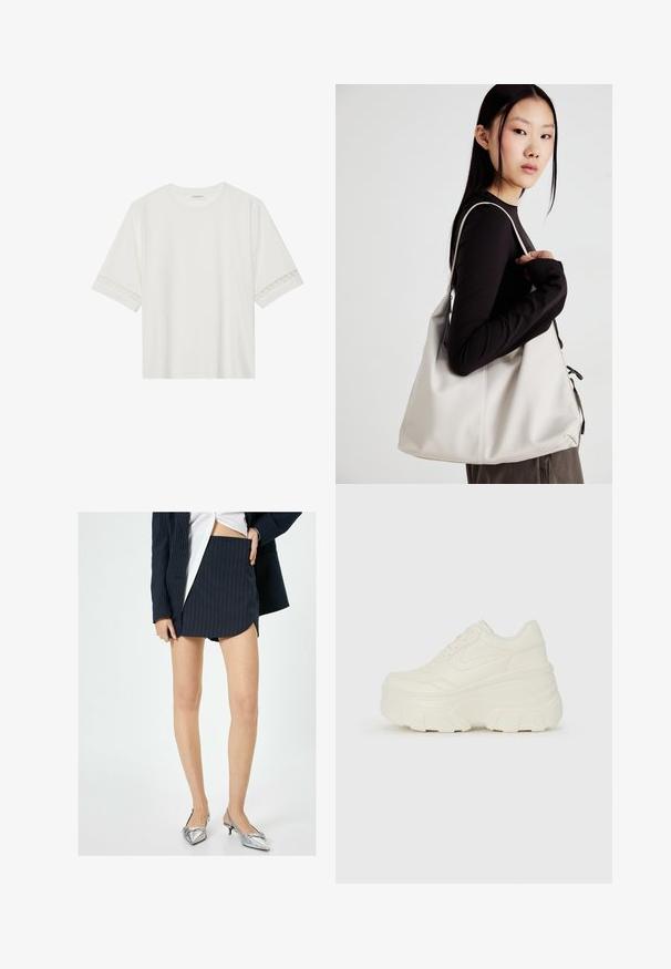 Camiseta blanca de manga corta hecha de algodón, con un ribete decorativo de encaje en las mangas y un escote redondo.; falda de rayas marinas con cintura alta y dobladillo asimétrico, combinada con tacones slingback metálicos plateados con punta afilada.; Zapatillas de plataforma blancas con un upper suave similar al cuero, forma redondeada, cuello acolchado y suela de goma texturizada con surcos definidos.; Bolso de mano beige hecho de material suave, con un diseño holgado, detalles cosidos y dos asas. Adecuado para uso diario.