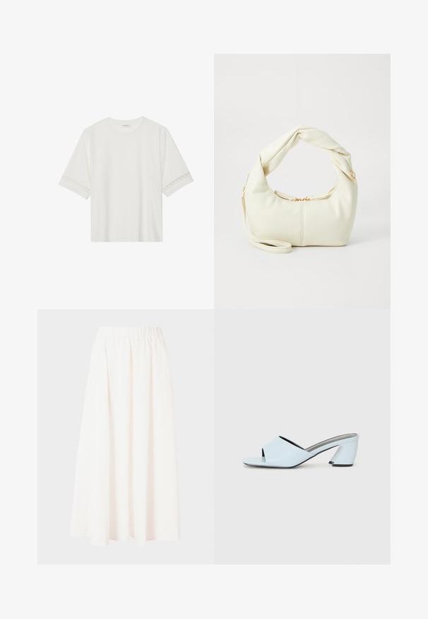Fehér, rövid ujjas póló, pamutból készült, díszes csipkés szegéllyel az ujjak mentén és kerek nyakkivágással.; Rugalmas derekú hosszú szoknya világos krém színben, lágy anyagból, A-vonalú sziluettel, minták vagy díszítések nélkül, vádli közepéig érő hosszúságban.; Világoskék, nyitott orrú, sarkú mules cipő geometrikus mintázattal, széles pánttal a lábfejen és tömzsi, szögletes sarkal.; Fehér műbőr kézitáska csomózott fogantyúval, cipzáros záródással, arany színű részletekkel és kerek formával.