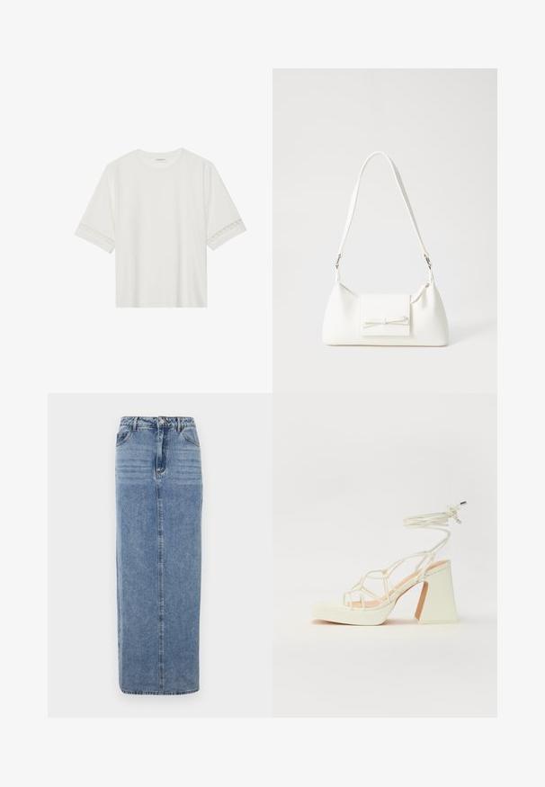 T-shirt branco de manga curta feito de algodão, com bainha de renda decorativa nas mangas e decote redondo.; Saia maxi de denim em azul claro, com silhueta reta, design de cinco bolsos e costura visível ao longo das costuras.; Sandálias brancas de salto alto com um salto robusto, apresentando um design com tiras e amarração no tornozelo. Textura suave com uma plataforma na frente para altura adicional.; Mala sintética branca com formato triangular, aba frontal plana e detalhe de laço, alça ajustável, textura suave e design minimalista.