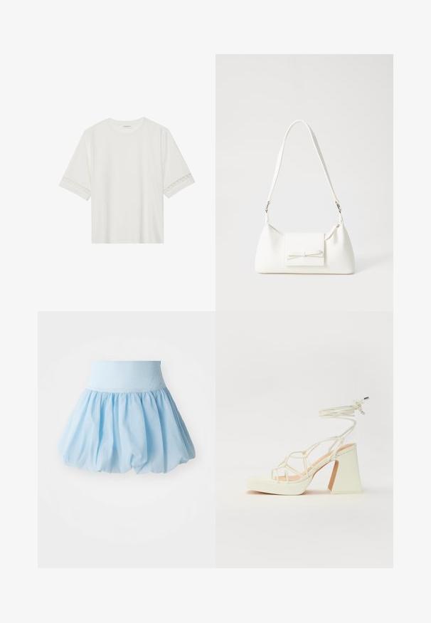T-shirt blanc à manches courtes en coton, avec des bordures en dentelle décoratives le long des manches et un col rond.; Jupe bouffante bleu clair avec une large ceinture élastique. Fabriquée en tissu doux et léger avec un design fluide et froncé.; Sandale blanche à talons hauts avec un talon épais, présentant un design à lanières et un lien autour de la cheville. Texture lisse avec une plateforme à l'avant pour une hauteur supplémentaire.; Sac à main synthétique blanc en forme triangulaire, avec un rabat avant plat et un détail en nœud, une bandoulière ajustable, une texture lisse et un design minimaliste.
