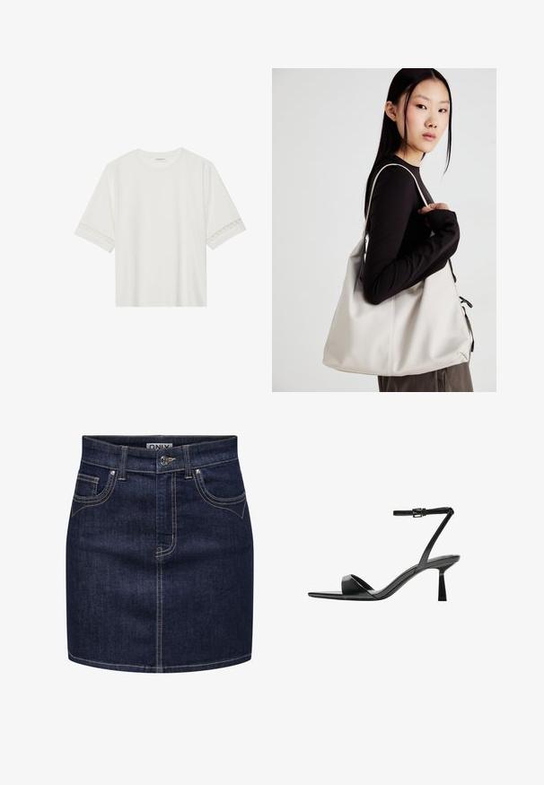 Fehér, rövid ujjas póló, pamutból készült, díszes csipkés szegéllyel az ujjak mentén és kerek nyakkivágással.; Sötétkék farmer szoknya kontrasztvarrással, öt övhurkkal, két elülső zsebbels és ezüstszínű gombbal.; Bershka Magas sarkú szandálok - black; Puha anyagból készült bézs kézitáska, laza dizájnnal, varrott részletekkel és két vállpánttal. Mindennapi használatra alkalmas.
