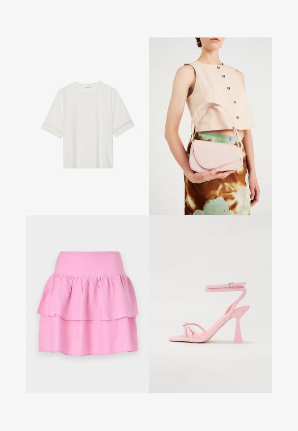 Hvit t-skjorte med kort erme laget av bomull, med dekorativ blondekant langs ermene og en rund halslinning.; Rosa lagdelte skjørt med bred elastisk midje og to horisontale volanger. Laget av mykt, lett stoff. Glatt tekstur uten mønstre.; Rosa hælkiler med snoredesign og ankelspænde. Har et dekorativt element ved tærne og et moderne, afsmalnet hældesign.; Rosa skinnhåndveske med buet klaff, enkel skulderrem og rene linjer. Vesken har en glatt tekstur og minimalistisk design.