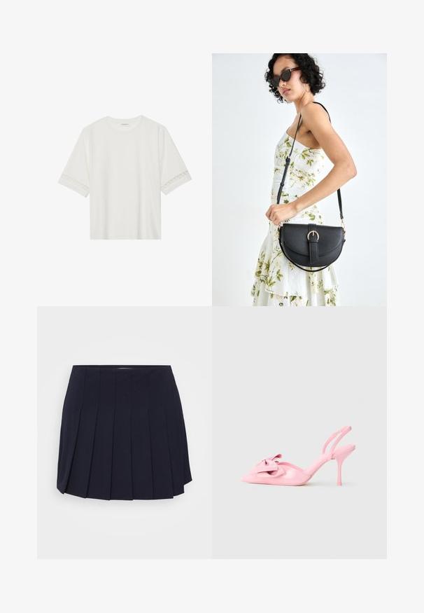 Hvit t-skjorte med kort erme laget av bomull, med dekorativ blondekant langs ermene og en rund halslinning.; Marineblå plissert skjørt laget av glatt stoff. Har en midjebånd og distinkte vertikale plisser, som gir en strukturert silhuett.; Rosa patent lær slingback hæle med spidse tæer, dekorativ sløjfe foran og en slank stiletto hæl. Glat tekstur.; Svart lærveske med en buet form, avtagbar stropp og gullbeslag. Vesken har et klaff med spenne-detall.