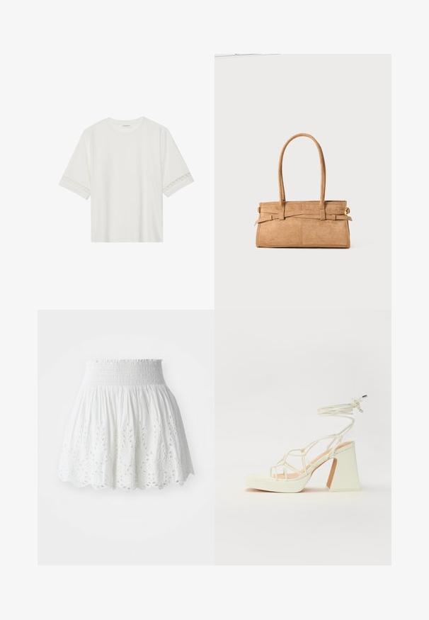 T-shirt branco de manga curta feito de algodão, com bainha de renda decorativa nas mangas e decote redondo.; Saia branca de algodão com cintura franzida, apresentando recortes florais bordados ao longo da bainha e uma silhueta evasê.; Sandálias brancas de salto alto com um salto robusto, apresentando um design com tiras e amarração no tornozelo. Textura suave com uma plataforma na frente para altura adicional.; Bolsa de camurça bege com duas alças longas, de formato retangular e costura decorativa. Apresenta uma correia lateral e discretos acabamentos em ouro.