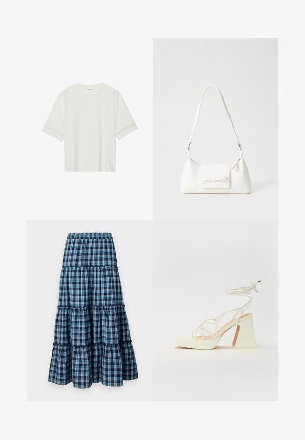 Balta īsām piedurknēm T-kreklu, izgatavotu no kokvilnas, ar dekoratīvu mežģīņu apdari ap piedurknēm un apaļu kakla izgriezumu.; Zila un balta rūtainā svārku svārku ar elastīgu jostu, ar viļņotām kārtām un plūstošu siluetu. Mīksts kokvilnas materiāls.; Baltas augstpapēžu sandales ar masīvu papēdi, ar siksnu dizainu un potītes saistītiem elementiem. Gluda tekstūra ar platformu priekšpusē, lai nodrošinātu papildu augstumu.; Balta sintētiska soma ar trīsstūrveida formu, plakanu priekšējo vāciņu un loku detaļu, regulējamu siksnu, gludu tekstūru un minimālistisku dizainu.