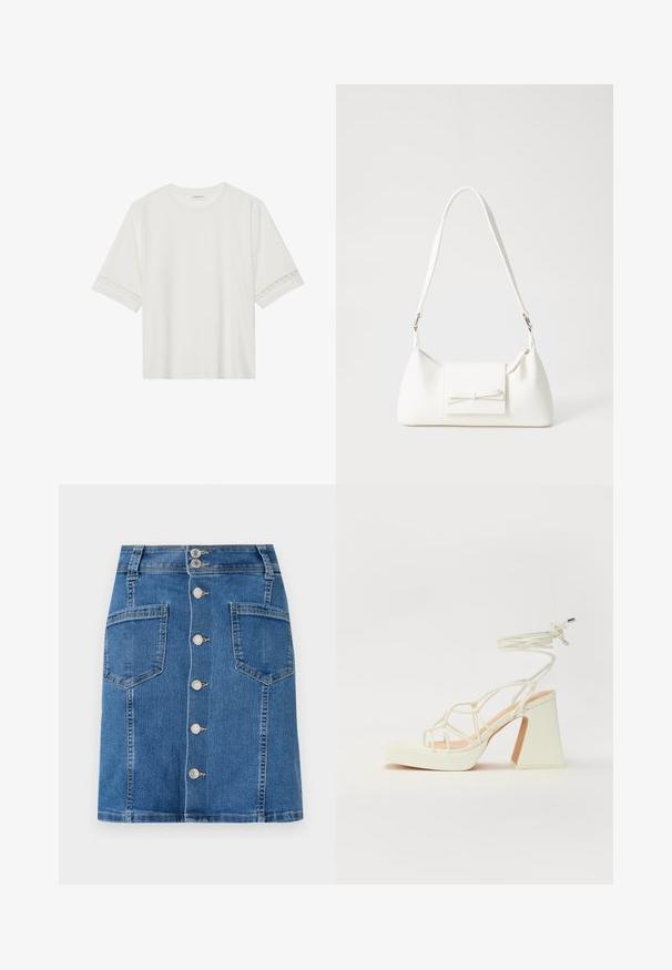 Fehér, rövid ujjas póló, pamutból készült, díszes csipkés szegéllyel az ujjak mentén és kerek nyakkivágással.; Farmereggyünnö elöl gombos, A-vonalú, fitted derékkal. Két nagy zsebvel rendelkezik, közepes kék mosással és finom kopással.; Fehér, magassarkú szandál vastag sarokkal, pántos dizájnnal és bokapánttal. Sima textúra, elülső platformmal a megnövelt magasság érdekében.; Fehér szintetikus kézitáska, háromszög alakú, lapos előlap, masni részlettel, állítható pánttal, sima textúrával és minimalista dizájnnal.