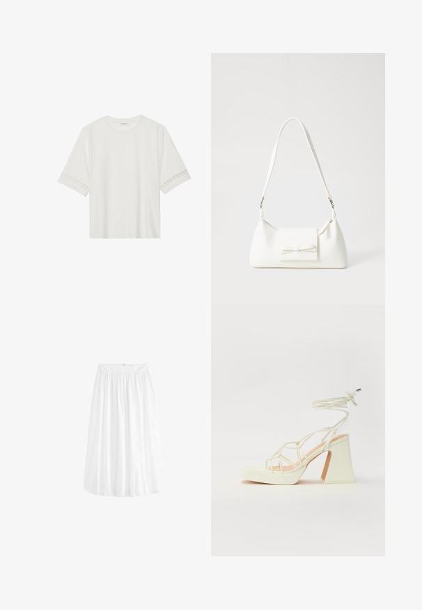 Balta īsām piedurknēm T-kreklu, izgatavotu no kokvilnas, ar dekoratīvu mežģīņu apdari ap piedurknēm un apaļu kakla izgriezumu.; Baltā, līdz ceļgaliem garā svārka, kas izgatavota no viegla auduma. Tam ir elastīgs jostasvīrs, kas nodrošina regulējamu fitu un maigu krišanu.; Baltas augstpapēžu sandales ar masīvu papēdi, ar siksnu dizainu un potītes saistītiem elementiem. Gluda tekstūra ar platformu priekšpusē, lai nodrošinātu papildu augstumu.; Balta sintētiska soma ar trīsstūrveida formu, plakanu priekšējo vāciņu un loku detaļu, regulējamu siksnu, gludu tekstūru un minimālistisku dizainu.