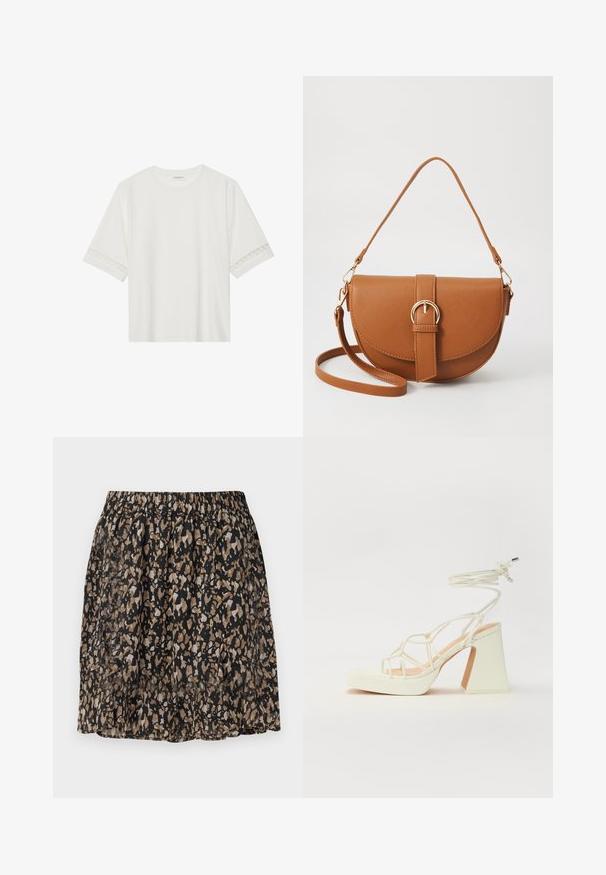 Fehér, rövid ujjas póló, pamutból készült, díszes csipkés szegéllyel az ujjak mentén és kerek nyakkivágással.; Fekete szoknya elmosódott absztrakt minta bézs és barna színekkel. Rugalmas derékpánt, könnyű anyag és térdhez érő kialakítás.; Fehér, magassarkú szandál vastag sarokkal, pántos dizájnnal és bokapánttal. Sima textúra, elülső platformmal a megnövelt magasság érdekében.; Barna bőr keresztbody táska ívelt formával, aranyszínű fémrészekkel és csat díszítéssel. Levehető vállpánttal rendelkezik.