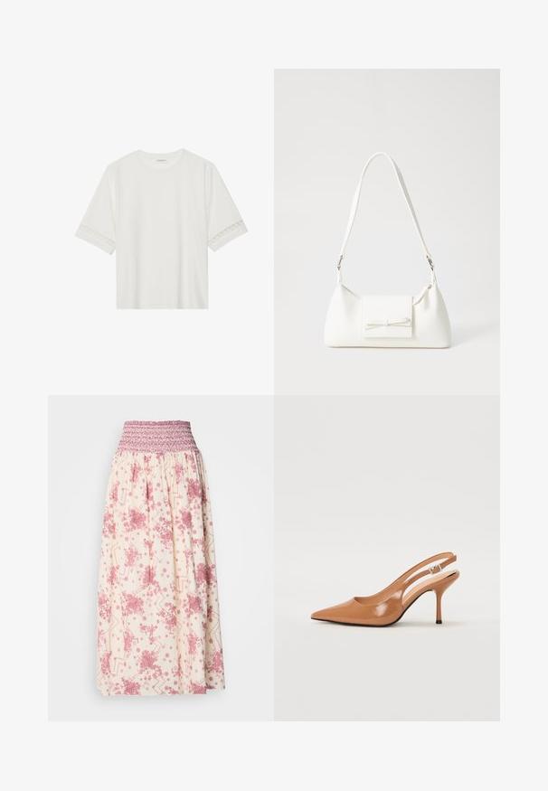 Tricou alb cu mânecă scurtă, confecționat din bumbac, cu dantelă decorativă pe marginea mânecilor și un guler rotund.; Fustă maxi crem cu modele florale și geometrice în nuanțe de roz. Dispune de un talie elastică pentru o ajustare confortabilă, realizată dintr-un material ușor.; Pantofii cu toc slingback, cu vârful ascuțit, dintr-un material tan neted și strălucitor. Prezintă un design cu decupaj curbat și un toc subțire stil stiletto. Detaliu cu cataramă argintie.; Geantă sintetică albă, cu formă triangulară, capac frontal plat și detaliu cu fundă, curea ajustabilă, textură netedă și design minimalist.