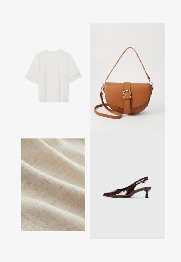Hvid kortærmet t-shirt lavet af bomuld, med dekorativ blondekant langs ærmerne og en rund halsudskæring.; Lys beige stof med en subtil tekstur og svage linjer, der skaber et blødt, vævet udseende. Det falder glat i bløde folder.; Brun patenteret læder slingback sko med spids tå og en moderat hæl. Har en spænde rem for en sikker pasform. Glat tekstur.; Brun læder crossbody taske med en buet form, guldfarvet hardware og en spændeaccent. Har en aftagelig skulderrem.