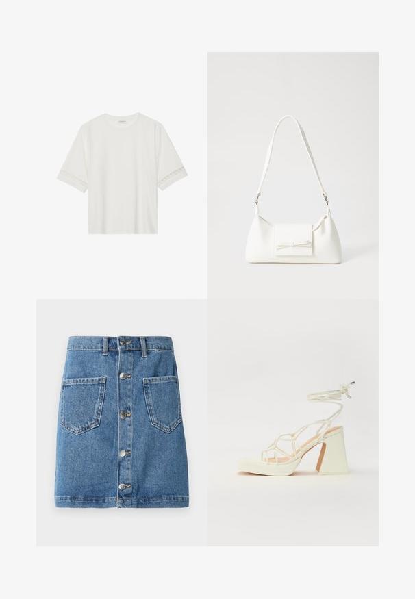 Balta īsām piedurknēm T-kreklu, izgatavotu no kokvilnas, ar dekoratīvu mežģīņu apdari ap piedurknēm un apaļu kakla izgriezumu.; Denim svārki ar gaiši zilu toņu, ar priekšējo pogu aizdari, divām kabatām un taisnu griezumu. Audumam ir klasiskā tekstūra.; Baltas augstpapēžu sandales ar masīvu papēdi, ar siksnu dizainu un potītes saistītiem elementiem. Gluda tekstūra ar platformu priekšpusē, lai nodrošinātu papildu augstumu.; Balta sintētiska soma ar trīsstūrveida formu, plakanu priekšējo vāciņu un loku detaļu, regulējamu siksnu, gludu tekstūru un minimālistisku dizainu.