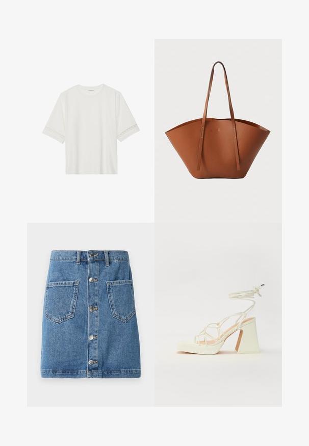 Valkoinen lyhythihainen t-paita, joka on valmistettu puuvillasta ja jossa on koristeellinen pitsireunus hihojen ympärillä sekä pyöreä pääntie.; Farkkuhame, jossa on vaalea sininen sävy, etupuolella napitettu suljenta, kaksi läpällistä taskua ja suoraviivainen leikkaus. Kankaan rakenne on klassinen.; Valkoinen korkokenkä, jossa on paksu korko, ja joka sisältää nauhakiinnityksen ja nilkkaketjun. Sujuva pinta, jossa on platform-etupohja lisäkorkeutta varten.; Ruskea nahkabandi, jossa on leveä, jämäkkä muoto, ohuet kahvat ja teksturoitu pinta. Minimalistinen muotoilu, jossa ei ole näkyvää metalliosaa.