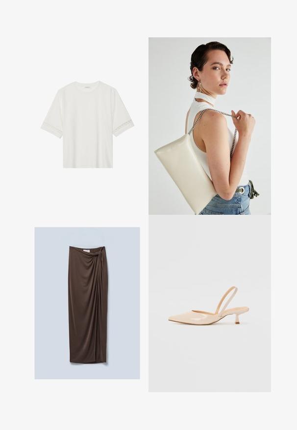 Balta īsām piedurknēm T-kreklu, izgatavotu no kokvilnas, ar dekoratīvu mežģīņu apdari ap piedurknēm un apaļu kakla izgriezumu.; Brūna, līdz ceļgaliem garā svārku izgatavota no mīksta, plūstoša auduma. Piedāvā savītu mezglu detalizāciju jostasvietā un gludu tekstūru.; Bežīgas lakotas ādas slingback papēži ar smailu purngalu un šauru, kvadrātveida papēdi. Gluda tekstūra un minimālistisks dizains bez dekorēšanas elementiem.; Balts taisnstūra clutch soma, izgatavota no spīdīga materiāla, ar sudraba ķēdes siksnu. Modelis pozē, demonstrējot somu uz vienkārša fona.