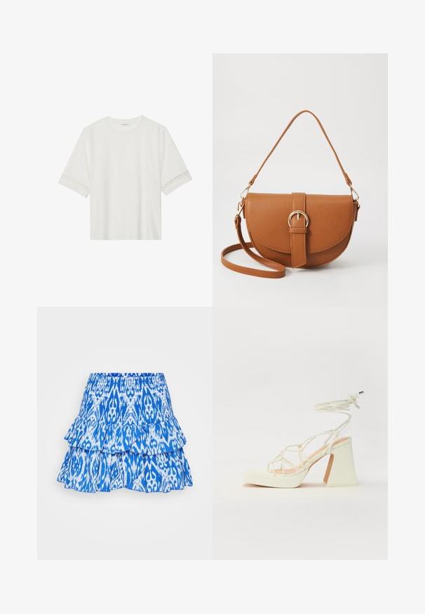 Balta trumpomis rankovėmis marškinėliai, pagaminti iš medvilnės, su dekoratyviais nėriniais aplink rankoves ir apvaliu kaklu.; Mėlyna daugiasluoksnė sijonas su ryškiu ikat raštu. Yra raukšlėti sluoksniai ir elastinė juosta prisitaikymui. Medžiaga atrodo lengva.; Balti aukštakulniai sandalai su masyviu kulnu, su dirželių dizainu ir kulkšnies raiščiu. Lygi tekstūra su platforma priekyje, suteikianti papildomą aukštį.; Ruda odinė kryžminė rankinė, turinti kreivą formą, auksinius metalinius elementus ir sagtį. Yra nuimama petneša.