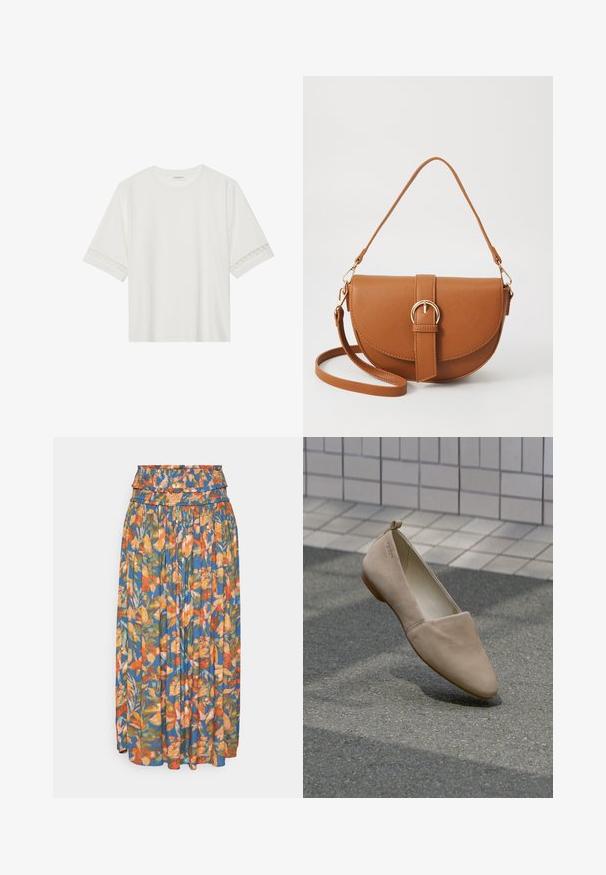 Bílé tričko s krátkým rukávem vyrobené z bavlny, s dekorativní krajkovou aplikací na rukávech a kulatým výstřihem.; Květinová maxi sukně se splývavým pasem, s jasnými vzory v oranžové, zelené a modré barvě. Lehká tkanina s plisovanou texturou.; Beige plochá obuv vyrobená z měkkého materiálu, s špičatou špičkou a minimalistickým designem. Obsahuje malý podpatek a smyčku vzadu.; Hnědá kožená křížová taška s zakřiveným tvarem, zlatými detaily a akcentem s přezkou. Obsahuje odnímatelný popruh na rameno.