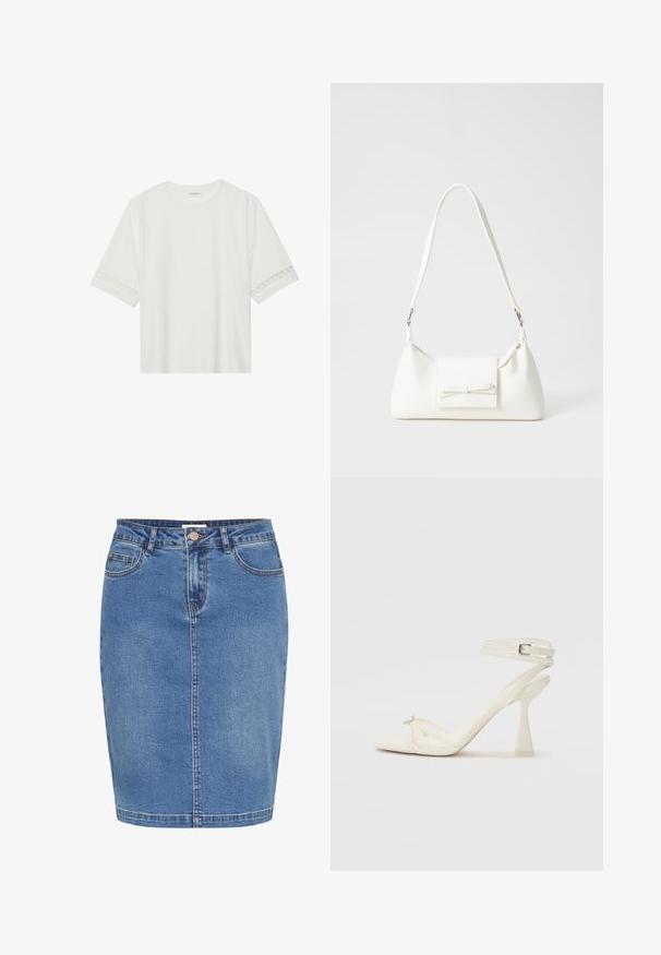 Fehér, rövid ujjas póló, pamutból készült, díszes csipkés szegéllyel az ujjak mentén és kerek nyakkivágással.; Világoskék farmer szoknya, testhezálló fazonnal, elülső gombos záródással, öt zsebbel és kontrasztos varrással a varratok mentén.; Fehér bőr, pántos, magas sarkú szandál, letisztult limezéssel, átlátszó blokk sarkakkal és díszítő elemmel a lábujjaknál.; Fehér szintetikus kézitáska, háromszög alakú, lapos előlap, masni részlettel, állítható pánttal, sima textúrával és minimalista dizájnnal.