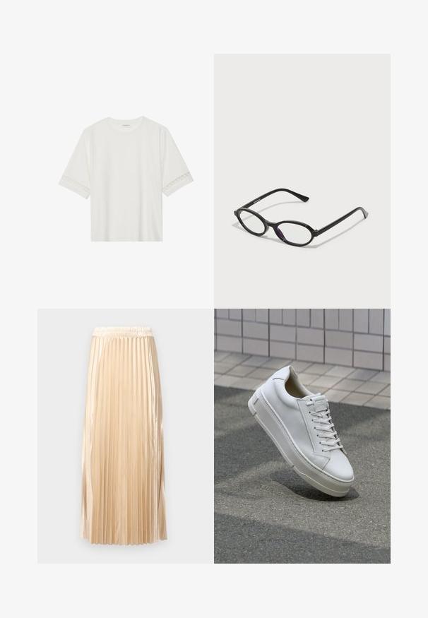 White short-sleeve t-shirt made from cotton, featuring decorative lace trim along the sleeves and a round neckline.; Pleated midi skirt in light beige satin, featuring an elastic waistband and smooth texture, with vertical stripes enhancing its design.; White leather sneaker with a low-top design, flat laces, rounded toe, and textured sides. Thick rubber sole with subtle accents.; Black oval-frame glasses with translucent purple accents on the lenses. Frames have a matte finish and slender, straight temples.; Beige handbag made of soft material, featuring a slouchy design, stitched detailing, and two shoulder straps. Suitable for everyday use.