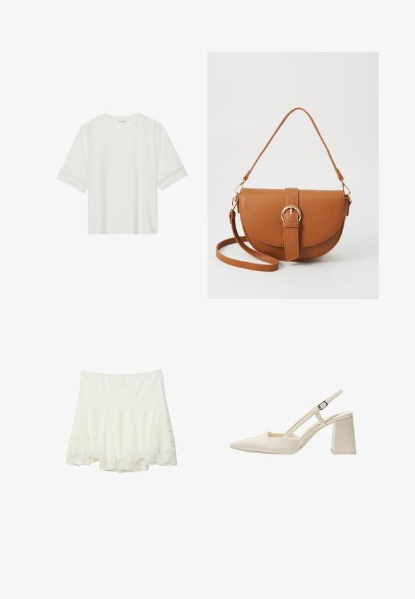 T-shirt bianco a maniche corte in cotone, con bordi in pizzo decorativi lungo le maniche e scollo rotondo.; Stradivarius FITTING - Gonna a campana - white; Scarpe beige con tacco a blocco medio, punta affusolata, finitura lucida in vernice e cinturino regolabile. Design minimalista con lati aperti.; Borsa a tracolla in pelle marrone con forma curvata, hardware dorato e un dettaglio con fibbia. Presenta una tracolla rimovibile.