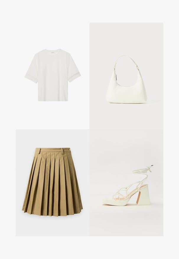 Bela kratka majica s kratkimi rokavi iz bombaža, okrašena z dekorativnim čipkastim robom ob rokavih in okroglo izrezom.; Svetlozeleni nabrani krilo iz mešanice bombaža, ki ima prilegajoč se pas z zankami za pas in razširjen silhueto, ki se končuje nad kolenom.; Bela sandala na visokih petah s debelim petam, ki ima obliko trakcev in vezanje okoli gležnja. Gladka tekstura z platformo spredaj za dodatno višino.; Majhna bela torbica za ramo z enim nastavljivim trakom in zadrgo, postavljena na enobarvno belo ozadje.