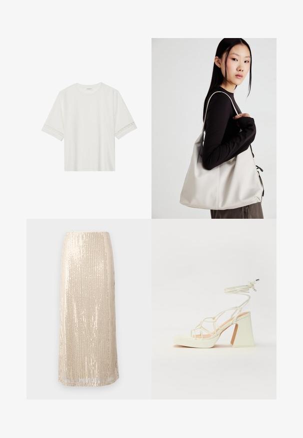 T-shirt branco de manga curta feito de algodão, com bainha de renda decorativa nas mangas e decote redondo.; Saia lápis bege com lantejoulas, padrões verticais, comprimento até a metade da panturrilha, textura suave e duas fendas laterais para facilitar o movimento.; Sandálias brancas de salto alto com um salto robusto, apresentando um design com tiras e amarração no tornozelo. Textura suave com uma plataforma na frente para altura adicional.; Uma bolsa bege feita de material macio, com um design descontraído, detalhes de costura e duas alças para o ombro. Adequada para uso diário.
