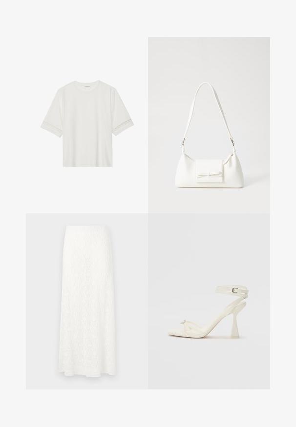 Camiseta blanca de manga corta hecha de algodón, con un ribete decorativo de encaje en las mangas y un escote redondo.; Falda maxi blanca de encaje con un patrón texturizado, cinturilla elástica y forma fluida. La tela parece ligera y aireada.; Sandalía de tacón alto con tiras en cuero blanco, con un diseño elegante, un tacón bloque transparente y un elemento decorativo en la punta.; Bolso sintético blanco con forma triangular, tapa frontal plana y detalle de lazo, correa ajustable, textura suave y diseño minimalista.