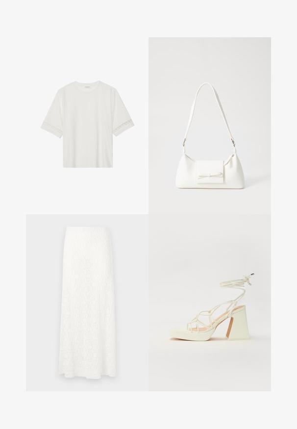 Valkoinen lyhythihainen t-paita, joka on valmistettu puuvillasta ja jossa on koristeellinen pitsireunus hihojen ympärillä sekä pyöreä pääntie.; Valkoinen pitsinen maksihame, jossa on teksturoitu kuvio, joustava vyötärö ja enkeliomainen muoto. Kangas näyttää kevyeltä ja ilmavalta.; Valkoinen korkokenkä, jossa on paksu korko, ja joka sisältää nauhakiinnityksen ja nilkkaketjun. Sujuva pinta, jossa on platform-etupohja lisäkorkeutta varten.; Valkoinen synteettinen käsilaukku, jossa on kolmikulmainen muoto, tasainen etu läppä ja nauhadetail, säädettävä olkahihna, sileä rakenne ja minimalinen muotoilu.