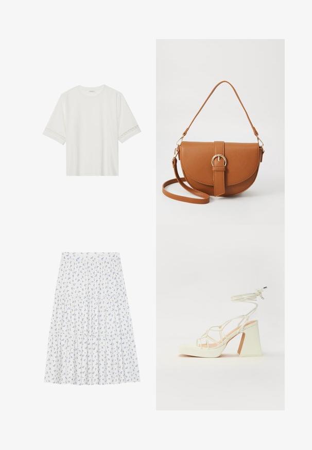 T-shirt bianco a maniche corte in cotone, con bordi in pizzo decorativi lungo le maniche e scollo rotondo.; Gonna floreale realizzata in tessuto leggero, con uno sfondo bianco decorato da piccoli fiori blu, design a strati e vita elastica.; Sandalo bianco con tacco alto, caratterizzato da un design a cinturini e un legaccio alla caviglia. Texture liscia con una piattaforma frontale per un'altezza aggiuntiva.; Borsa a tracolla in pelle marrone con forma curvata, hardware dorato e un dettaglio con fibbia. Presenta una tracolla rimovibile.