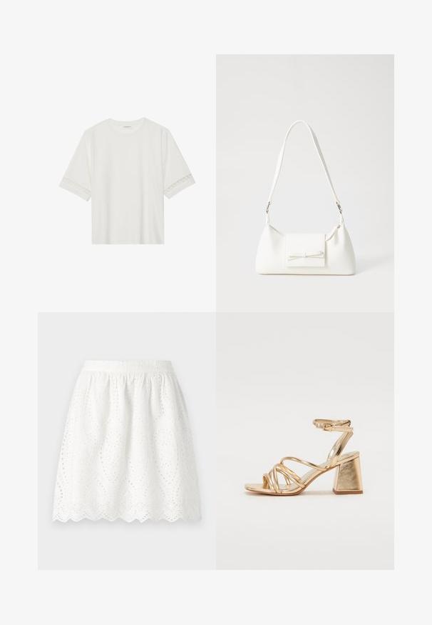 Vit kortärmad t-shirt i bomull, med dekorativa spetsdetaljer längs ärmarna och rund halsringning.; Vit ögla kjol med en scalloped nederkant. Har en samlad midja och intrikata mönster genom hela tyget.; Guldmetalliska klacksandaler med ett snörningsdesign, fyrkantig blockklack och justerbar ankelrem med spänne. Slät textur.; Vit syntetisk handväska med triangulär form, platt framklaff och rosettdetalj, justerbar rem, slät textur och minimalistisk design.