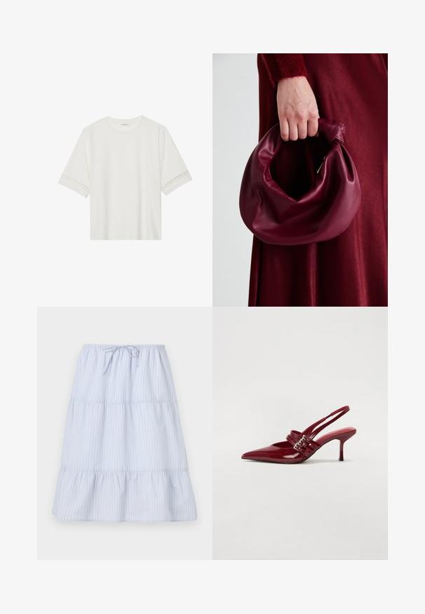 T-shirt blanc à manches courtes en coton, avec des bordures en dentelle décoratives le long des manches et un col rond.; Jupe tiered bleu clair avec des rayures verticales blanches, taille élastique avec lien, tissu doux et ourlet volanté.; Escarpins slingback en cuir verni rouge avec un bout pointu, deux brides à boucle et un talon aiguette slim de hauteur intermédiaire. Texture lisse.; Sac à main en cuir bordeaux au design doux et froncé, avec une forme arrondie. La poignée est fixée, mettant en valeur une texture lisse.