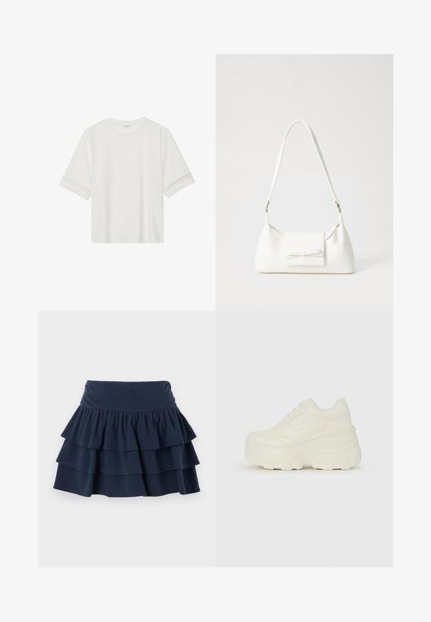 Fehér, rövid ujjas póló, pamutból készült, díszes csipkés szegéllyel az ujjak mentén és kerek nyakkivágással.; Hollister Co. MAY RUFFLE - Rövidnadrágok - dark blue; Fehér platform sportcipők, sima bőrszerű felsőrésszel, kerek formával, párnázott bokával és texturált gumitalppal, jól definiált mintázattal.; Fehér szintetikus kézitáska, háromszög alakú, lapos előlap, masni részlettel, állítható pánttal, sima textúrával és minimalista dizájnnal.