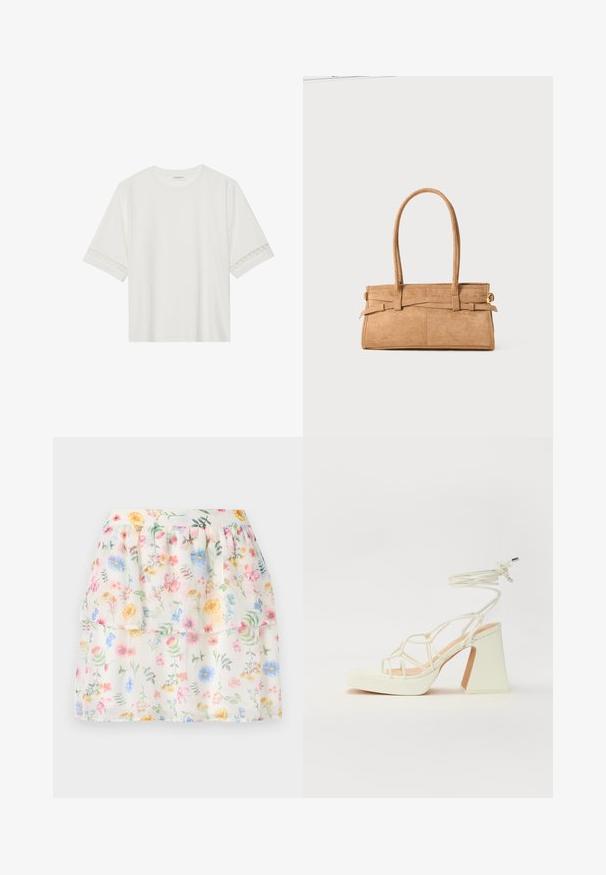 Witte korte mouwen t-shirt van katoen, met een decoratieve kantafwerking langs de mouwen en een ronde halslijn.; Witte, met bloemen bedrukte, gelaagde rok met pastel bloemen en groene accenten. Gemaakt van lichte stof, met een geraffineerde tailleband.; Witte hoge hakken sandaal met een chunky hak, met een bandjesontwerp en enkelband. Gladde textuur met een plateau voor extra hoogte.; Tan suède handtas met twee lange hengsels, rechthoekige vorm en decoratieve stiksels. Beschikt over een zijriem en subtiele gouden hardware accenten.