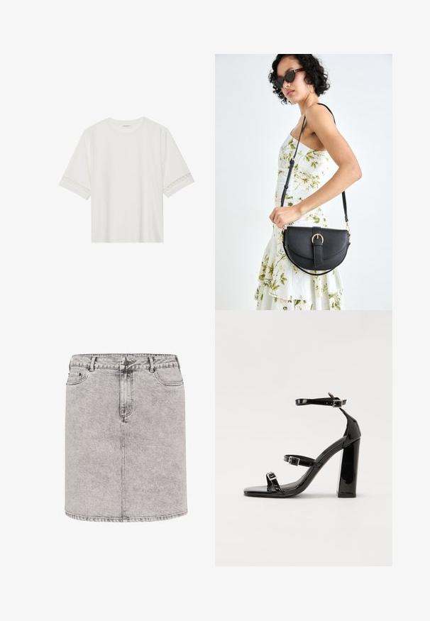 Camiseta blanca de manga corta hecha de algodón, con un ribete decorativo de encaje en las mangas y un escote redondo.; Falda de mezclilla en gris claro, con forma de lápiz, bolsillos frontales y detalles de costura visibles. El material tiene un acabado ligeramente texturizado.; Sandalias de tacón de charol negro con punta cuadrada, correas en el tobillo y hebillas plateadas. Presentan un tacón grueso para mayor estabilidad.; Bolso de piel negra con forma curva, correa desmontable y herrajes dorados. El bolso cuenta con una solapa con un detalle de hebilla.