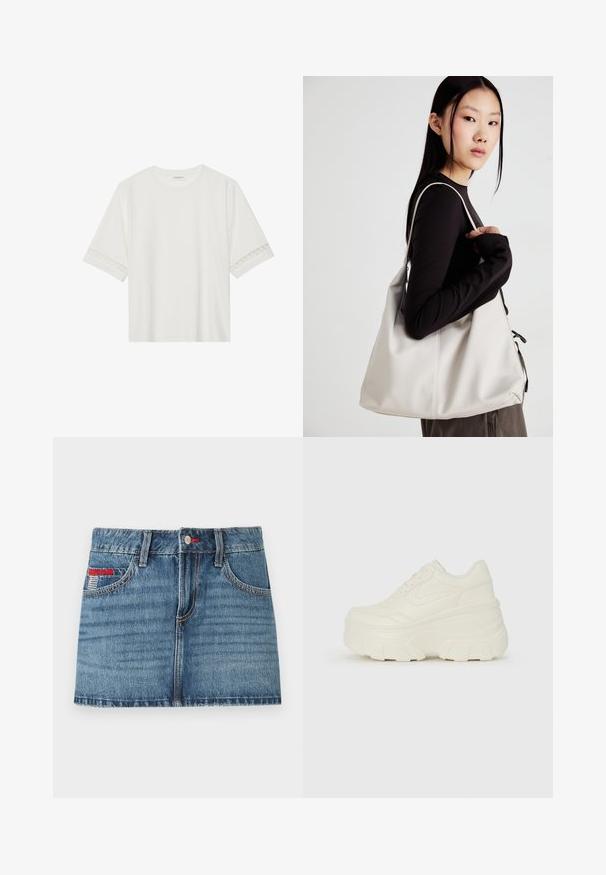 Vit kortärmad t-shirt i bomull, med dekorativa spetsdetaljer längs ärmarna och rund halsringning.; Jeansminikjol i medelblå färg med blekda detaljer, fem fickor och röda sömmar. Har knappstängning och bälteshällor.; Vita plattformssneakers med en slät läderliknande överdel, rundad form, vadderad krage och texturerad gummisula med definierade mönster.; Beige handväska tillverkad av mjukt material, med en avslappnad design, sydda detaljer och två axelremmar. Lämplig för dagligt bruk.