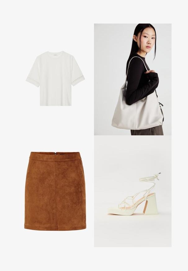 Witte korte mouwen t-shirt van katoen, met een decoratieve kantafwerking langs de mouwen en een ronde halslijn.; Bordeaux fluwelen minirok met een gladde textuur, rechte snit en een discrete achterrits. Bevat naaddetails voor structuur.; Witte hoge hakken sandaal met een chunky hak, met een bandjesontwerp en enkelband. Gladde textuur met een plateau voor extra hoogte.; Beige handtas gemaakt van zacht materiaal, met een slonzig ontwerp, gestikte details en twee schouderbanden. Geschikt voor dagelijks gebruik.