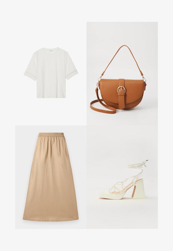 Valge lühikese varrukaga T-särk, mis on valmistatud puuvillast, kaunistatud pitsiga varrukate ääres ja ümmarguse kaelusega.; Bež maxi seelik, mis on valmistatud kerge kangaga, elastse vöökoha ja ühtlase tekstuuriga, sirge ja voolava disainiga.; Valged kõrge kontsaga sandaalid, millel on paks konts ja rihmadega disain koos pahkluu sidumisega. Sile tekstuur ja platvorm ees, et lisada kõrgust.; Pruun nahast õlakott, millel on kumer kuju, kullavärvi riistvara ja pandlaga kaunistus. Omab eemaldatavat õlarihma.