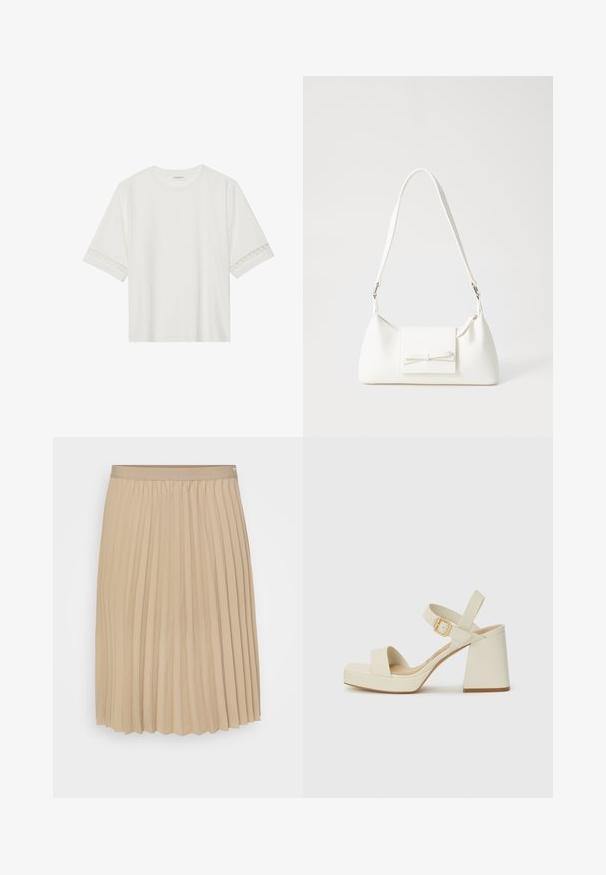 T-shirt blanc à manches courtes en coton, avec des bordures en dentelle décoratives le long des manches et un col rond.; Jupe plissée beige avec une taille plate. Le tissu est lisse, avec des plis verticaux et un ourlet à bord festonné. Design élégant et simple.; Sandales à talons hauts beiges avec une large plateforme et un talon bloc. Équipées d'une sangle au niveau de la cheville à boucle et d'une texture lisse.; Sac à main synthétique blanc en forme triangulaire, avec un rabat avant plat et un détail en nœud, une bandoulière ajustable, une texture lisse et un design minimaliste.