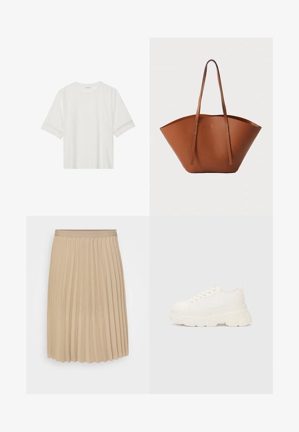 Hvid kortærmet t-shirt lavet af bomuld, med dekorativ blondekant langs ærmerne og en rund halsudskæring.; Beige plisseret nederdel med en flad talje. Stoffet er glat og har lodrette folder samt en kant med bølger. Elegant og simpel design.; Hvide lærreds sneakers med en kraftig sål, rund tå og fem snørehuller. Bagstrop for nem påtagning. Glat tekstur, minimalistisk design.; Brun læder tote-taske med en bred, struktureret form, tynde håndtag og en tekstureret overflade. Har et minimalistisk design uden synligt hardware.