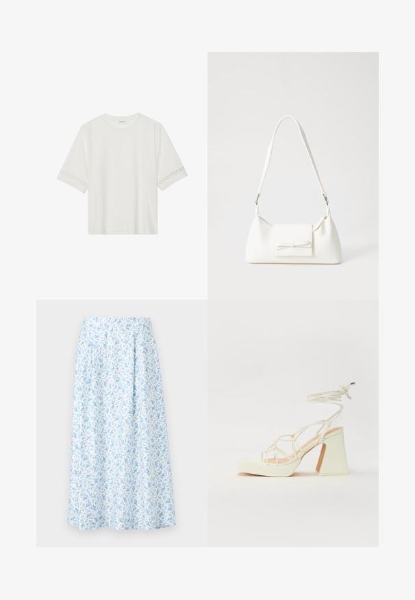 Witte korte mouwen t-shirt van katoen, met een decoratieve kantafwerking langs de mouwen en een ronde halslijn.; Bloemrijke midi-jurk in wit en lichtblauw, met een geraffineerde taille, een uitlopende silhoeët en een delicate blauwe bloemenprint overal.; Witte hoge hakken sandaal met een chunky hak, met een bandjesontwerp en enkelband. Gladde textuur met een plateau voor extra hoogte.; Witte synthetische handtas met een driehoekige vorm, platte voorklep en strikdetail, verstelbare schouderriem, gladde textuur en minimalistisch ontwerp.
