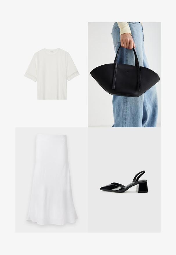 Bela kratka majica s kratkimi rokavi iz bombaža, okrašena z dekorativnim čipkastim robom ob rokavih in okroglo izrezom.; Bela krila s sproščenim A-linijskim krojem, izdelana iz lahkotnega materiala. Gladka tekstura, do kolen, z enostavnim dizajnom brez vzorcev.; Črne lakirane slingback pete s koničastim nosom in geometrijsko blokasto peto. Imajo eleganten, minimalističen dizajn in gladko teksturo.; Črna usnjena torbica z edinstveno obliko ventilatorja, z ravnimi ročaji. Površina ima teksturo z drobnimi kamni in minimalističen dizajn.