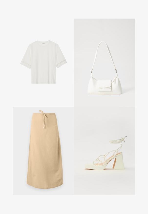 Tricou alb cu mânecă scurtă, confecționat din bumbac, cu dantelă decorativă pe marginea mânecilor și un guler rotund.; Fustă din in bej cu talie ajustabilă prin șnur, având o textură netedă și un tiv rotunjit. Detaliată cu mici mărgele decorative pe șnururi.; Sandale albe cu toc înalt și gros, cu un design cu curele și legătură la gleznă. Textură netedă, cu o platformă frontală pentru înălțime suplimentară.; Geantă sintetică albă, cu formă triangulară, capac frontal plat și detaliu cu fundă, curea ajustabilă, textură netedă și design minimalist.