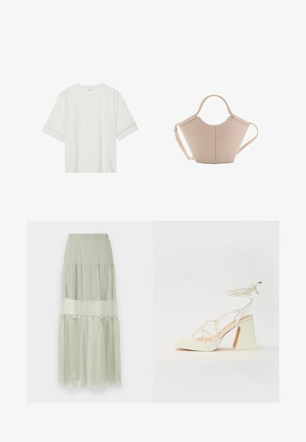 Bela kratka majica s kratkimi rokavi iz bombaža, okrašena z dekorativnim čipkastim robom ob rokavih in okroglo izrezom.; Svetlo zelena večslojna krila iz prozorne tkanine, z elastičnim pasom in lahkotno, plasteno zasnovo z mehko teksturo.; Bela sandala na visokih petah s debelim petam, ki ima obliko trakcev in vezanje okoli gležnja. Gladka tekstura z platformo spredaj za dodatno višino.; Bežna usnjena torbica edinstvene oblike, z dvema kratkima ročajema in dolgim nastavljivim trakom. Gladka tekstura z minimalno kovinsko opremo.
