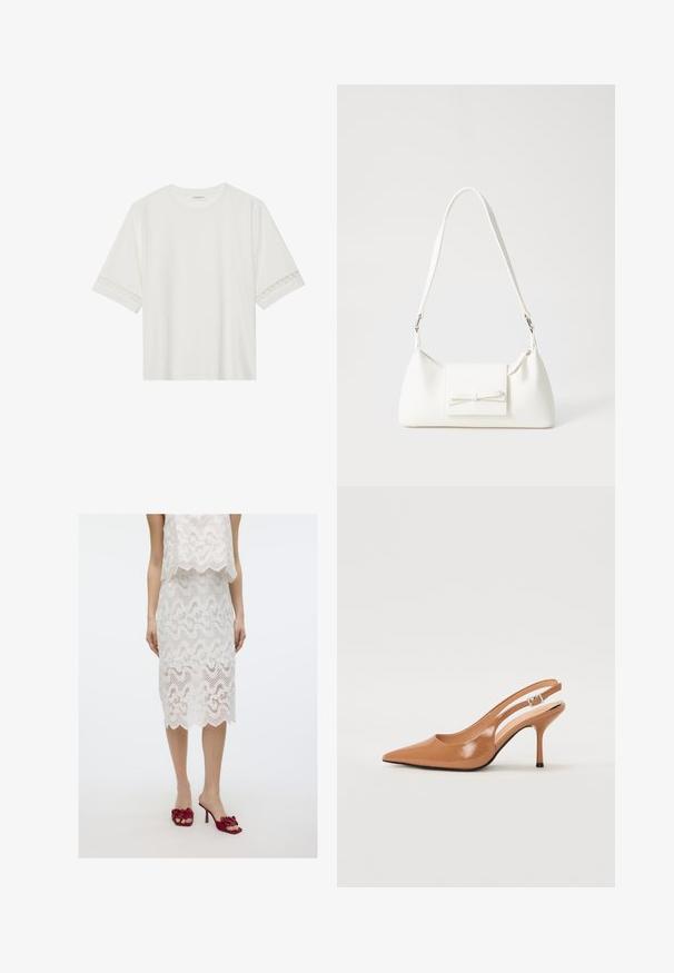 Balta trumpomis rankovėmis marškinėliai, pagaminti iš medvilnės, su dekoratyviais nėriniais aplink rankoves ir apvaliu kaklu.; Baltos nėriniai dviejų dalių rinkinys su banguota tekstūra, skeltuvu ir reljefinėmis detalėmis; derinamas su raudonais gėlių valdovais su aukšta pakulne.; Pailgų smailiu pirštu slingback kulnas, pagamintas iš lygaus, blizgaus rudos spalvos medžiagos. Yra kreivų išpjovimų dizainas ir lieknas stiletto kulnas. Sidabrinė sagtis.; Balta sintetinė rankinė trikampio formos, plokščiu priekiu su užsegimu, kaspino detale, reguliuojama dirželiu, lygia tekstūra ir minimalistišku dizainu.