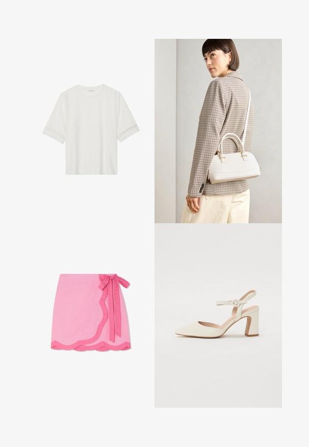 Balta trumpomis rankovėmis marškinėliai, pagaminti iš medvilnės, su dekoratyviais nėriniais aplink rankoves ir apvaliu kaklu.; Rausvaišis lino apvalus sijonas su banginiu kraštu, su kontrastinga tamsesnio rožinio atlošu juosmens srityje ir lygiu paviršiumi.; Kreminės spalvos klasikės su smailiu bato pirštu ir storu kulnu. Apyrankė plona, su apvaliu užsegimu, o oda lygi.; Balta struktūruota rankinė su trumpomis rankenomis ir peties diržu, su auksinėmis detalėmis ir tekstūruota medžiaga, pastatyta prieš pilką foną.