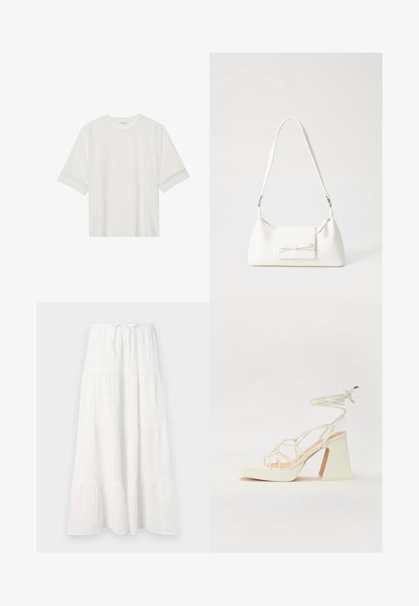 Bjela majica kratkih rukava od pamuka, s dekorativnom čipkastom obrubom duž rukava i okruglim izrezom.; Bijela duga suknja od teksturiranog materijala, s horizontalnim trakama i podesivim pojasom za savršeno prilagođavanje. Glatki, lepršavi dizajn.; Bijela sandala na visokoj potpetici s debelim petom, s remenom i vezanjem oko gležnja. Glatka tekstura s platformom sprijeda za dodatnu visinu.; Bijela sintetička torbica s trokutastim oblikom, ravnim prednjim poklopcem i detaljem u obliku mašne, podesivom remenom, glatkom teksturom i minimalističkim dizajnom.