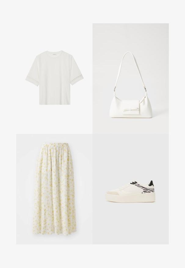 Bela kratka majica s kratkimi rokavi iz bombaža, okrašena z dekorativnim čipkastim robom ob rokavih in okroglo izrezom.; Bela cvetna midi krila z rumenimi cvetličnimi potiski, elastičnim pasom in nabranim izgledom, izdelana iz lahkotnega, tekočega blaga.; Even&Odd Športni copati - white/black; Bela sintetična torbica v obliki trikotnika, z ravnim sprednjim poklopcem in detajlom mašne, nastavljivim trakom, gladko teksturo in minimalističnim dizajnom.