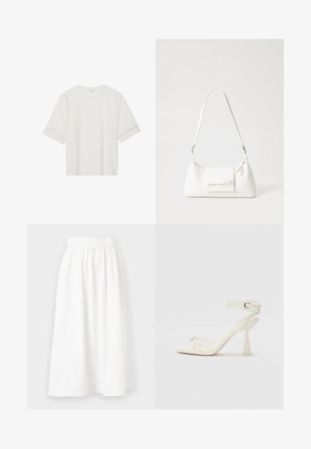 Valge lühikese varrukaga T-särk, mis on valmistatud puuvillast, kaunistatud pitsiga varrukate ääres ja ümmarguse kaelusega.; Valge midi seelik, millel on elastne talje, millel on kogutud disain voolava silueti jaoks, valmistatud kerge ja siledast kangast.; Köitmine kõrge kontsaga sandaal valgest nahast, millel on stiilne disain, läbipaistev plokk-konts ja dekoratiivne element varvaste juures.; Valge sünteetilisest materjalist kott kolmnurkse kujuga, lame esiklapiga ja kaaredetailiga, reguleeritava rihmaga, sileda tekstuuriga ja minimalistliku disainiga.